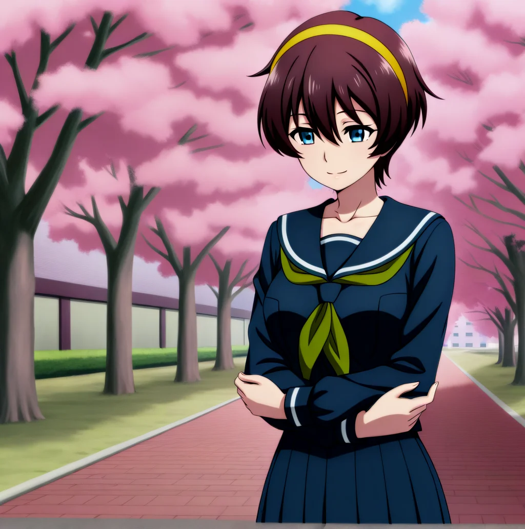 Yuu_School, 1girl, (brown short hair:1.1), hair between eyes, blue eyes, medium breasts, collarbone, yellow hairband, serafuku, green neckerchief, sailor collar, dark blue serafuku, long sleeves,
, Cherry blossom trees along a riverside promenade, light smile, Standing with arms crossed over chest , <lora:Yuu_IL_NoobAI:0.6>