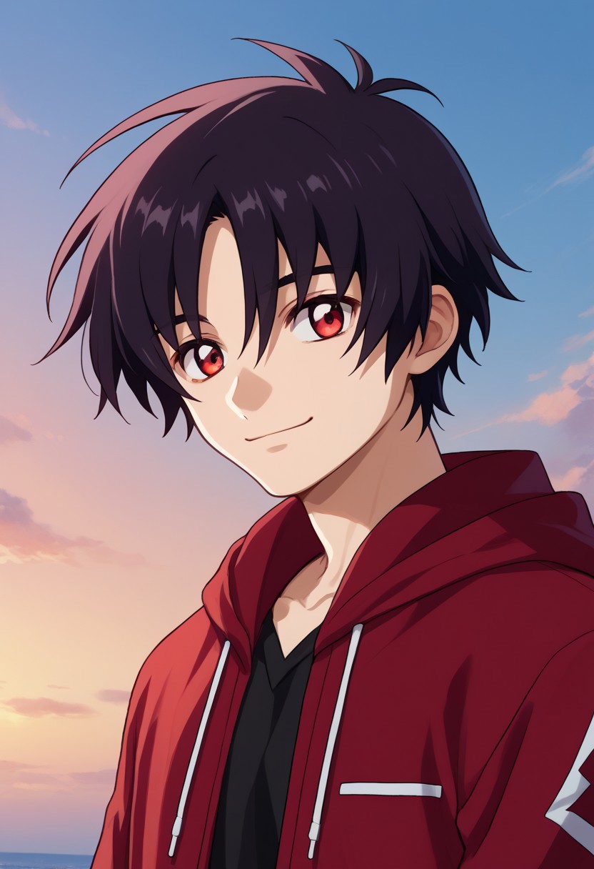 score_9, score_7_up, source_anime 
shinn, 1boy, male focus, solo, red eyes, black hair, hoodie, hood, red goodie, upper body, smile
outdoor, sky,