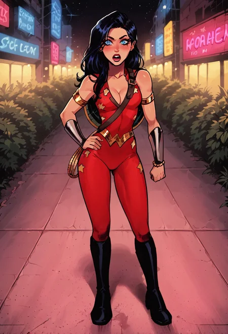 1girl, score_9, score_8_up, score_7_up, western cartoon, neon lighting, very detailed, depth of field, cinematic illumination, volumetric lighting, full color picture, vibrant colors, long hair, black hair, makeup, looking at viewer, looking forward, shield on back, star pattern, gold armband, red suit, silver bracers, full body, full body, black boots, standing, facing forward, looking at viewer, high quality, blue eyes, slightly open mouth, surprised, blushing, red cheeks, city, city center, other hand empty, beautiful face, very detailed face, alone, solo,