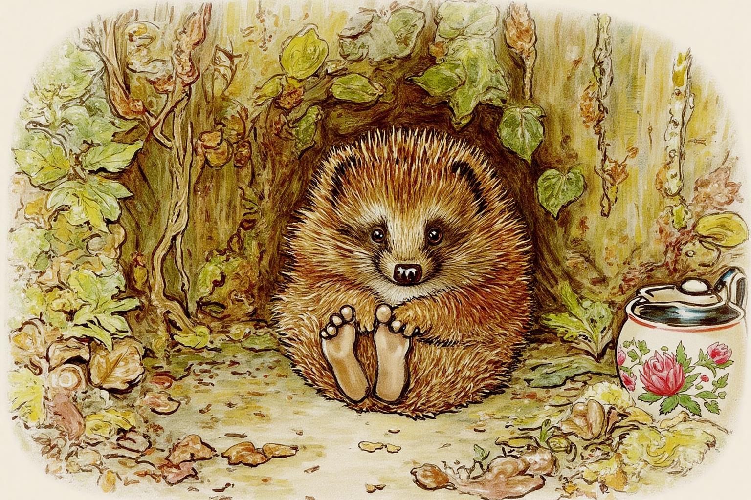 beatrixpotter1 illustration.
An anthropomorphic hedgehog sits in a cozy, natural setting, surrounded by lush greenery, including leaves and plants. It is holding its feet with its paws and looking directly at the viewer. To the right of the hedgehog, a ceramic jug with a floral design is on the ground. The background is filled with various plants and foliage. The hedgehog's front paws are visible. <lora:beatrixpotter1_d8a4:1.0><lora:867023498902527718:0>