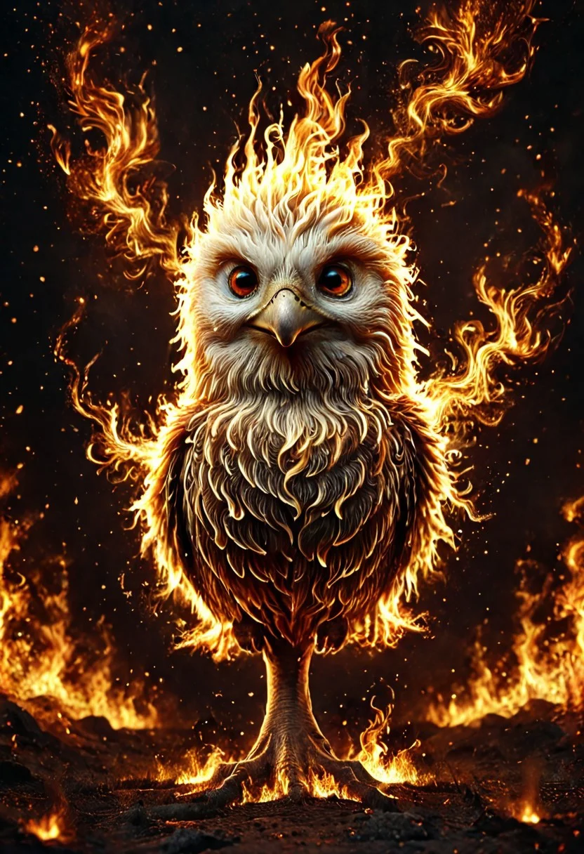 Score_9, score_8_up, score_7_up, high quality, 4k, 8k, extremely detailed, fire eagle, rendered in stunning detail by Andrei Kolkoutine. big, round eyes, adorable expression. fire, explosions, funny theme, witty, Humor and wit, Aesthetic appeal, Engagement sparks, flamestyle