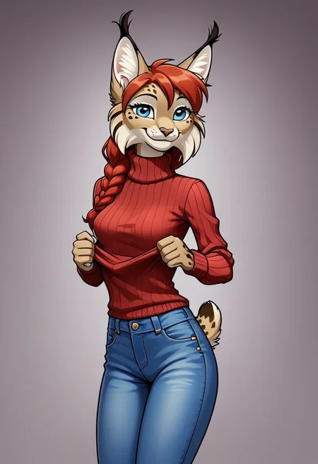digital_media_(artwork) hi_res, score_9, score_8_up, score_7_up, score_6_up, source_cartoon, rating_safe, anthro, furry, female, furry female, detailed textured fur, fur tufts, SFW, 1girl, lynx, red hair, blonde brown fur, spots, beautiful blue eyes, medium breasts, covered breasts, slim, slender, turtleneck sweater, denim jeans, smile, ctrl_alt_del, 2d,
