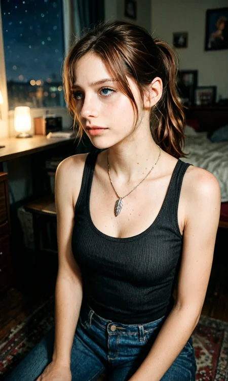 embedding:Stable_Yogis_Illustrious_Positives, RAW photograph, photorealistic, masterpiece, 1girl, solo, claire redfield, brown hair, blue eyes, parted bangs, ponytail, brown hair, bare shoulders, feather necklace, dark tank top, jeans, outdoors, night, indoors, night, dorm room, window, night, stars, carpet floor, messy room, text books, desk, chair<lora:claire_redfield_sdxl.safetensors:1.0:1.0>