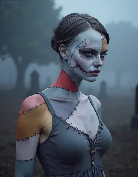 upper body photo of an undead woman wearing a grey sundress. Her body is covered in patchwork_skin of various colors stitched on with large black thread.  The background is a graveyard with thick fog. It's night time. bokah. Creepy., best quality, 4k, 8k, high resolution, cinematic, vibrant, intricate, Hyperrealistic, high detail, <lora:XLabs Flux Realism LoRA\flux_realism_lora.safetensors:0.8>, <lora:FLUX_Patchwork_Skin_Merge2_Shurik:1>