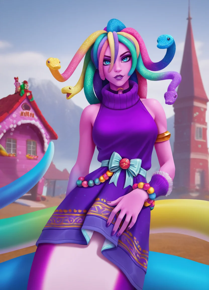 sweater, turtleneck_sweater, masterpiece, best quality, very aesthetic, absurdres, detailed background, 1girl, Gumdusa, gummy worm hair, (snake hair:0.5), multicolored skin, solo, pink skin, purple nails, colored skin, lamia, bead bracelet, choker, medium breasts, multicolored hair, looking at viewer, armlet, blue eyes, waist ribbon, tail
gingerbread house, outdoors, Candyland,
<lora:Medusa_Gummy_Worm_-_Smite_NoobAI_Epsilon_11:0.8>