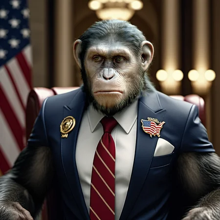 Caesar1024, a monkey is the president of USA, full body, offical picture, wears a suit, american flag, highly detailed , photography, ultra sharp, film, bokeh, professional, 4k, highly detailed <lora:add-detail-xl:1.5> <lora:Caesar1024-000560:0.9>