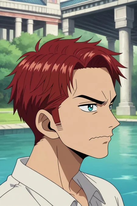 score_9, score_8_up, score_7_up, , anime screencap, rating_safe, , , depth of field, 1boy, male focus, aquamarine eyes, dark red hair, sideburns,, solo, profile, pond, arch, japanese architecture, light, paw pose, wavy mouth, closed mouth, <lora:one_piece_style_pony:0.84>, one_piece_style, , <lora:sdxl_lightning_8step_lora:1>