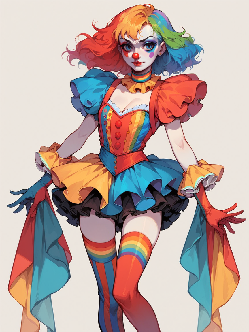 score_9, score_8_up, score_7_up, score_6_up,  1girl, <lora:c1rcus2XLP:0.6> c1rcus, clown, multicolored hair, thighhighs, gloves, makeup, striped