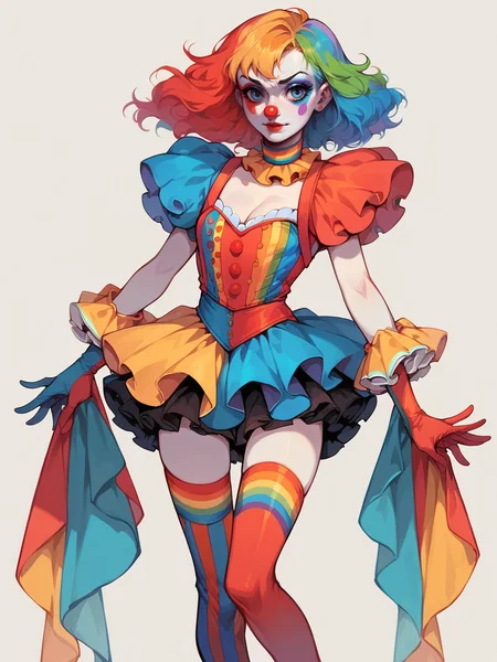 score_9, score_8_up, score_7_up, score_6_up,  1girl, <lora:c1rcus2XLP:0.6> c1rcus, clown, multicolored hair, thighhighs, gloves, makeup, striped