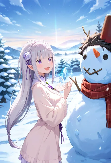 (masterpiece, best quality, high quality, good quality),snowman with black hair,natsuki subaru,<lora:Fr0stWrld4:1>,<lora:breasts_size_slider_illustrious_goofy:1>,<lora:cutesexyrobutts_style_illustrious_goofy:1>,<lora:ponyv4_noob1_2_adamW:1>,