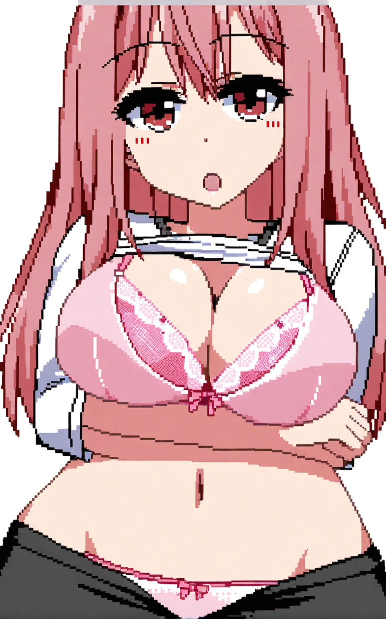 character: Mizuki (ç¾æ), character: Mizuki (ç¾æ) clothes4, pixel art, 1girl, solo, simple background, white background, cowboy shot, looking at viewer, open mouth, pink hair, long hair, large breasts, cleavage, breast hold, arm under breasts, navel, thigh gap, shirt lift, pink bra, black pants, long sleeves, :o, red eyes, white shirt
<lora:Mizuki (ç¾æ) v7.4 (å¤æè£æ­£ååå¾ç¿»è½¬)-000006:1>