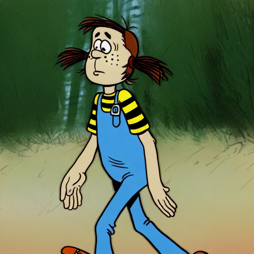 masterpiece, best quality, solo, pongo_ff, 1girl, brown hair, twintails, freckles, striped shirt, overalls, walking, forest