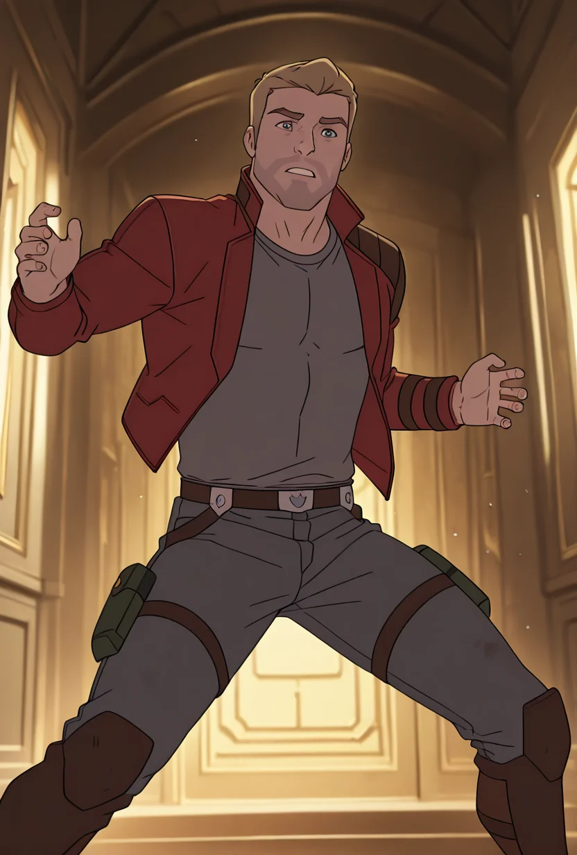 <lora:starlord-10:1> starlord, 1boy, dirty blonde hair, red jacket, gray shirt, short hair, open jacket, dynamic pose, solo, masterpiece, best quality, amazing quality, very aesthetic, absurdres, newest,