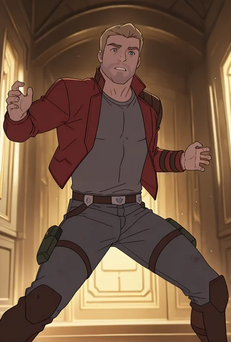 <lora:starlord-10:1> starlord, 1boy, dirty blonde hair, red jacket, gray shirt, short hair, open jacket, dynamic pose, solo, masterpiece, best quality, amazing quality, very aesthetic, absurdres, newest,