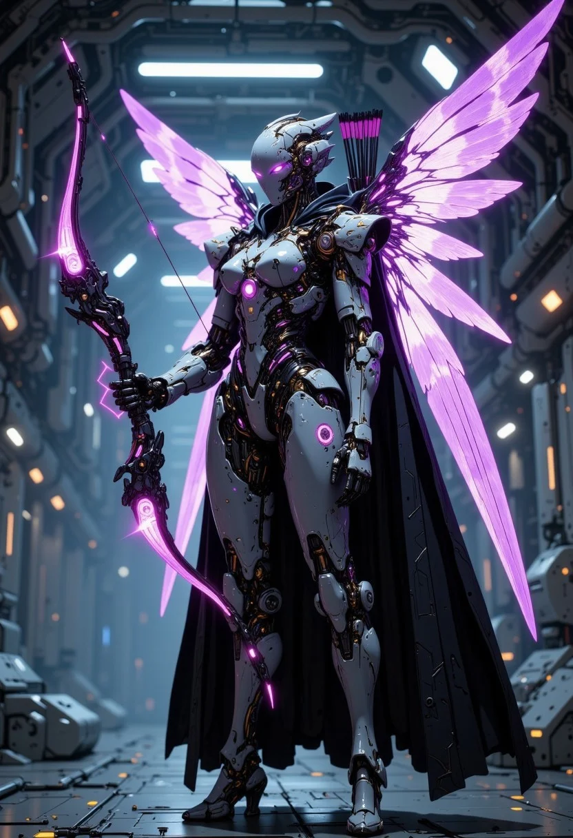 high-quality, masterpiece, in the style of cksc, A futurisitc robot archer, (holding a bow made of spectral light in her left hand:1.3) The cyborg is wearing full armor that perfect details, big mecha wings on its back. Her arrows are stored on the back back, he stands in a futuristic space station, high contrast, light trails, motion blur, eerie lighting, elaborate fine details, elaborately detailed attire with extraordinary elements, hyperdetailed, intricate details, Refined details, best quality, high resolution,