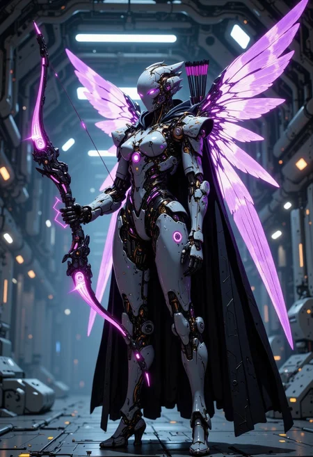 high-quality, masterpiece, in the style of cksc, A futurisitc robot archer, (holding a bow made of spectral light in her left hand:1.3) The cyborg is wearing full armor that perfect details, big mecha wings on its back. Her arrows are stored on the back back, he stands in a futuristic space station, high contrast, light trails, motion blur, eerie lighting, elaborate fine details, elaborately detailed attire with extraordinary elements, hyperdetailed, intricate details, Refined details, best quality, high resolution,