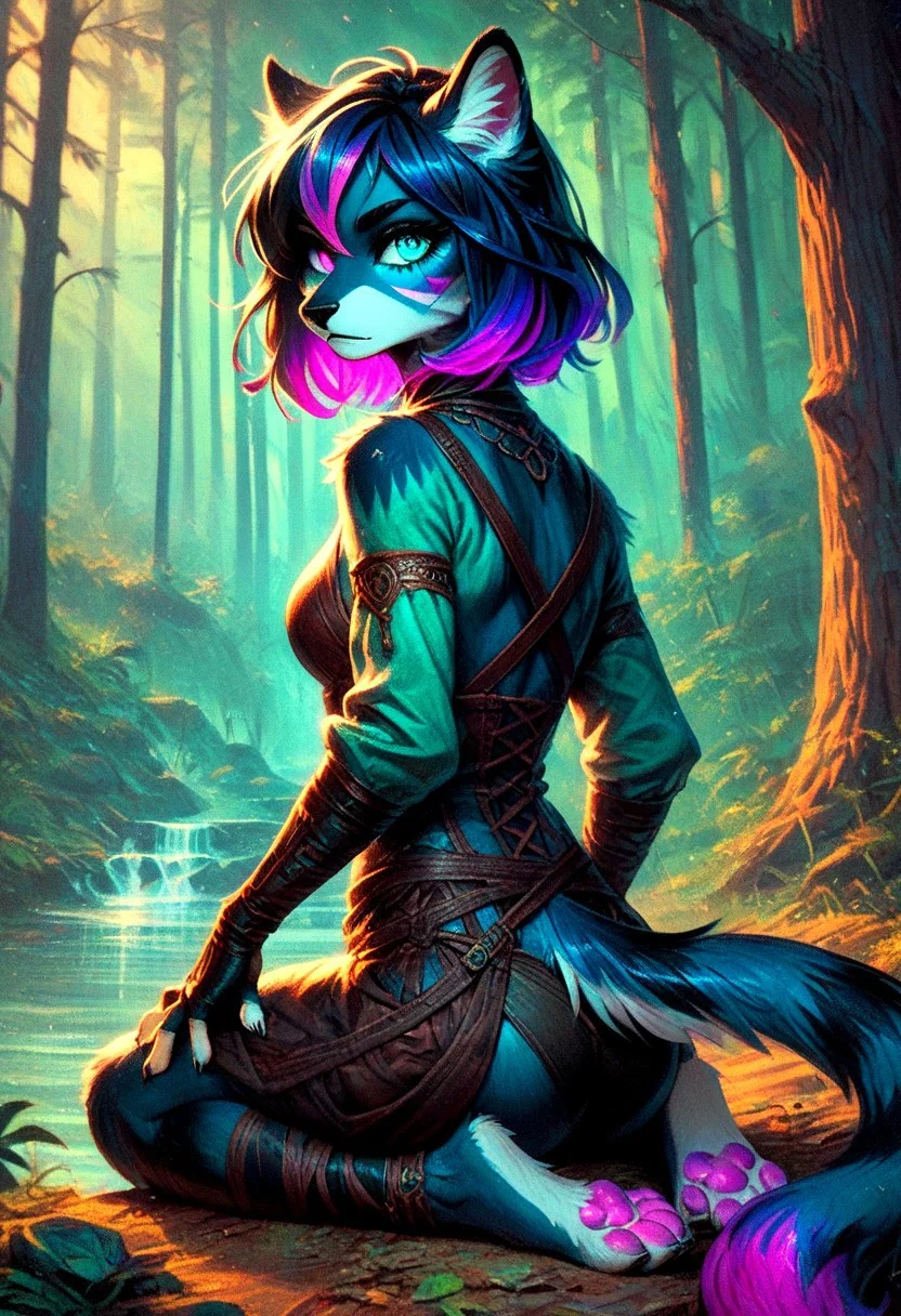score_9, score_8_up, score_7_up, ccrms, source_furry, female furry, (cyan eyes:1.5), (medium hair, dark blue hair, violet highlights:1.4), tail, paws, small claws, sitting, forest, mist, jewelry, fingerless gloves, long sleeves, view from behind, looking at viewer,