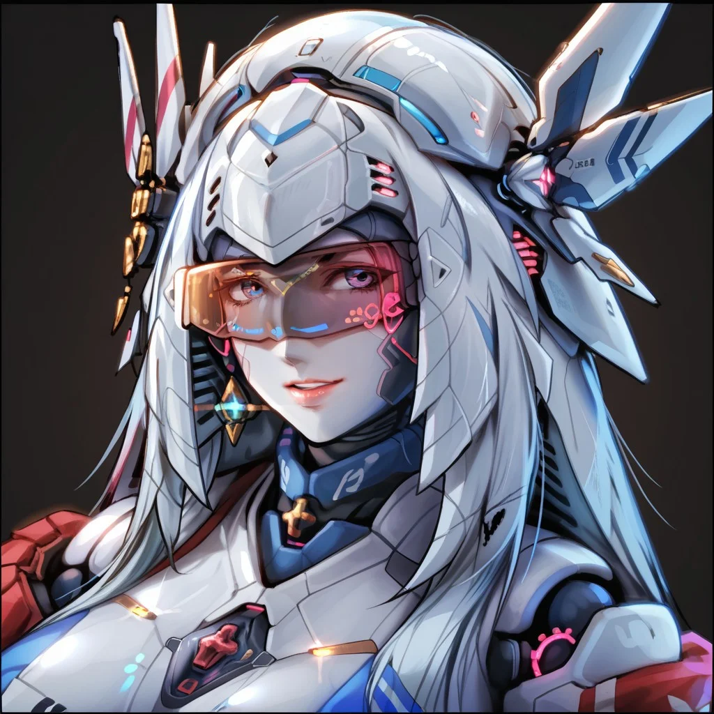 uaf-character, |||, breasts, humanoid robot, mecha musume, medium breasts, silver hair ornament, uaf_neuko, upper body, glowing, android, visor, smile, black border, uaf-portrait, robot girl, robot, uaf_redblue_backlight, parted lips, solo, uaf_red_blue_ilumination, helmet, simple background, 1girl, 80swa, Expressiveh, score_9,score_8_up,score_7_up, 20 years old, 8k, hd, beautiful korean girl, , ultra realistic, hyper realistic, detailed face, natural huge breasts, beautiful woman's face, <LoRA: uafPortraits-000110>, <LoRA: uaf Wt: 1>, pureerosface_v1, (PureErosFace_V1:0.8)