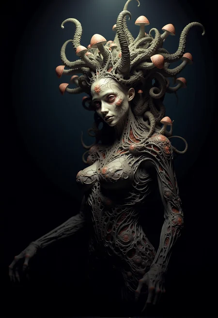 bv-mychorwo, mycelium, horror,. a twisted mycelium queen with a living, skeletal crown that pulses with dark energy, captured in moody, oppressive lighting that deepens the dread, with light barely illuminating its grotesque features, surrounded by tendrils creeping towards the viewer, hinting at malevolent intent| A full-body shot of a mutated humanoid with fungi spreading relentlessly, its body riddled with fungal ruptures, each sprouting grotesque blooms, standing in a dark, dripping fungal nest echoing with cries of agony, featuring eyes glowing with a terrifying, predatory focus, rendered as a disturbing 3D render focused on raw, visceral horror| A surreal fungal entity resembling a twisted plant-like being with hollow, glowing sockets hinting at something ancient and evil, set against an alien landscape dominated by hostile, predatory fungi, depicted with soft ambient lighting barely illuminating the horror, emphasizing deep, menacing shadows, inspired by an eldritch nightmare evoking Lovecraftian cosmic terror} , <lora:bv-mycelium-horror-world-v1.safetensors:1.0:1.0>