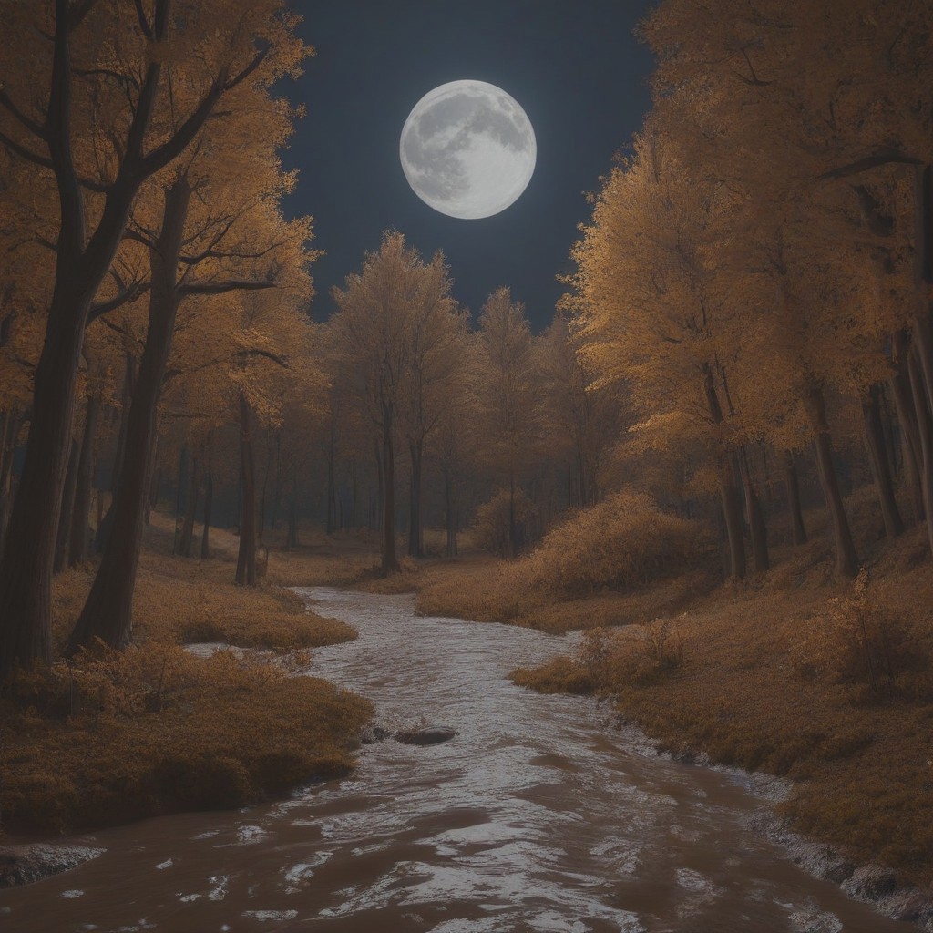 chocoslime, chocolate, blender style, 4k, a big, a beautiful landscape in octor, brown trees, brown mountains, river, night sky, moon