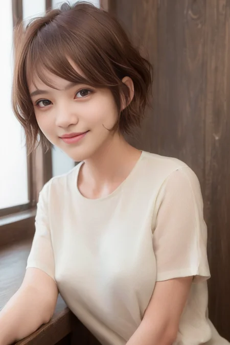 (1girl), (best quality), (masterpiece), (high resolution), (intricate details), (photorealistic), (cinematic light),  <lora:short_hair:0.3>
solo, realistic, short hair, brown hair, looking at viewer, smile, shirt, brown eyes, piercing, upper body, teeth, white shirt