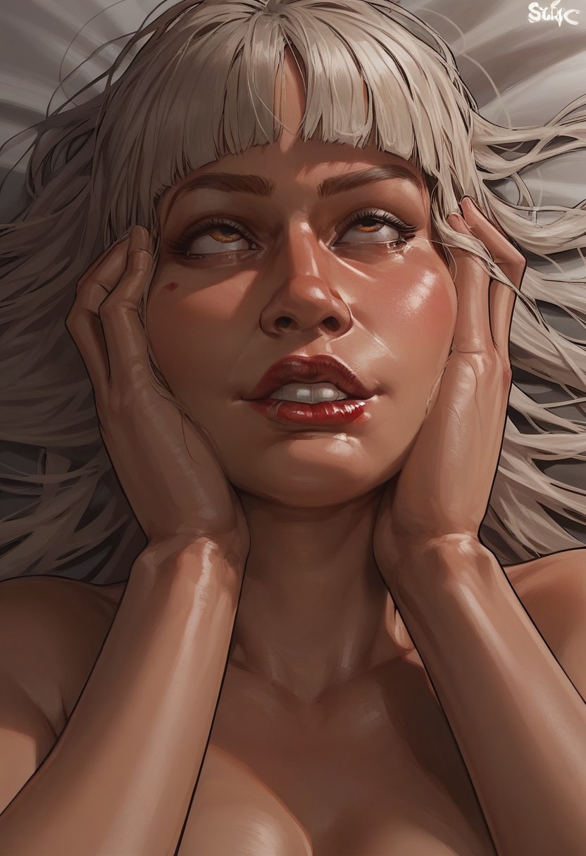 score_9, score_8_up, score_7_up, score_6_up, (solo, 1girl), beautiful face, smirk, white hair, hime cut, ahegao, clenched teeth, fucked silly, hazel eyes, orgasm, ecstacy, drooling, thick lips, high cheek bones, red lipstick, lying back, drooling, own hands on face,