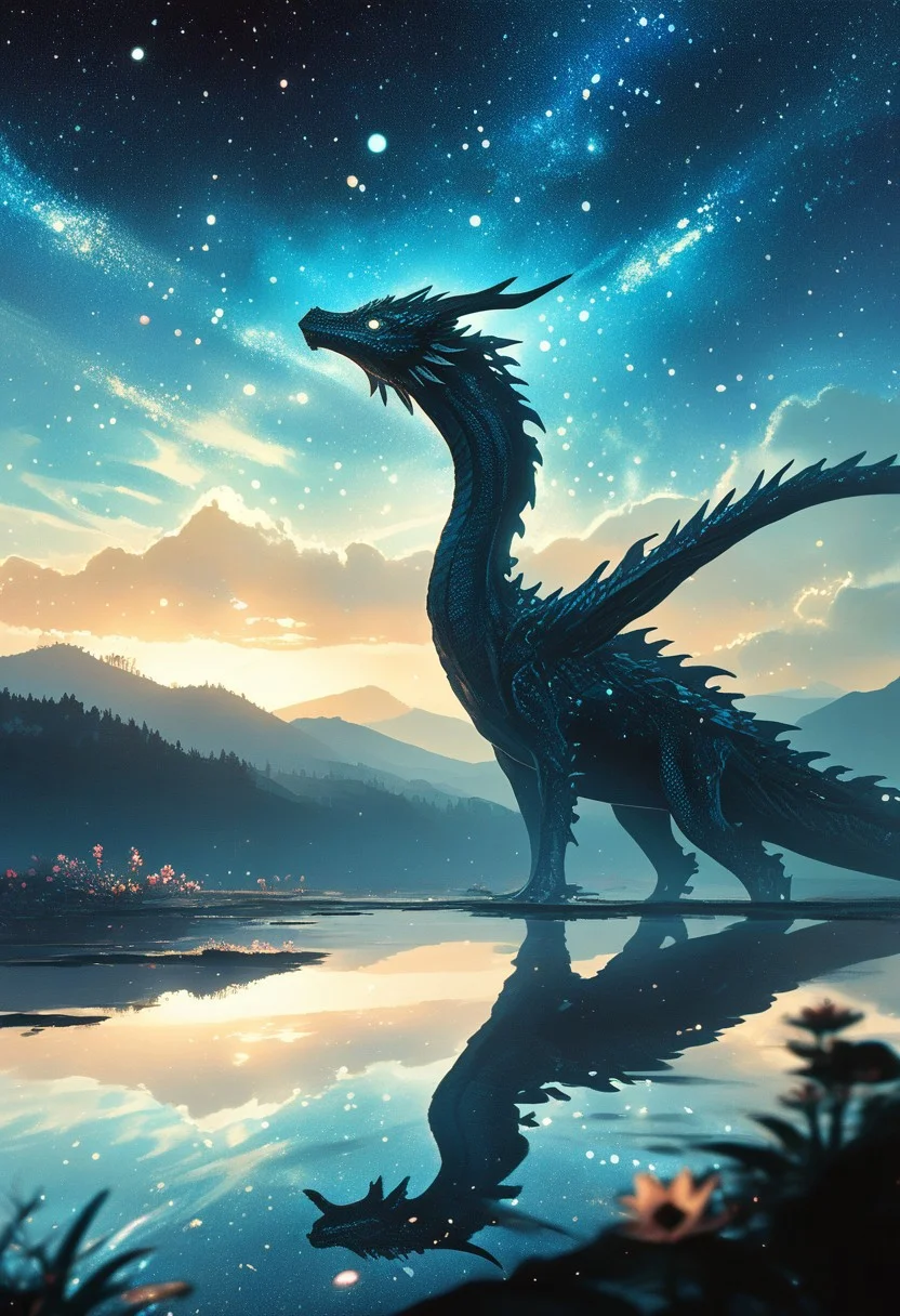 score_9, score_8_up, score_7_up,realistic style photo, masterpiece, best quality, colossal luminous dragon. Dominating the scene is a translucent dark-blue dragon adorned with luminescent scales, blending seamlessly with its surroundings. Its wings, composed of intricately woven energy threads, shimmer in a spectrum of colors. Starry sky. Amidst the night, its presence exudes a sense of mythical power. Behind it, the swirling hues of a distant galaxy provide a mesmerizing backdrop, celestial legends. Atmospheric haze, Film grain, cinematic film still, shallow depth of field, highly detailed, high budget, cinemascope, moody, epic, OverallDetail, RAW photo, photorealistic, candid camera, color graded cinematic, eye catchlights, atmospheric lighting, imperfections, natural, shallow dof ,ral-ertmsphr,no humans, sky, outdoors, flower, star (sky), scenery, night, reflection,