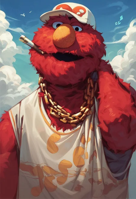 view, score_9, score_8_up, score_7_up, Elmo smoking a bong, music video style, gold chain around neck, cap on head, in a club,