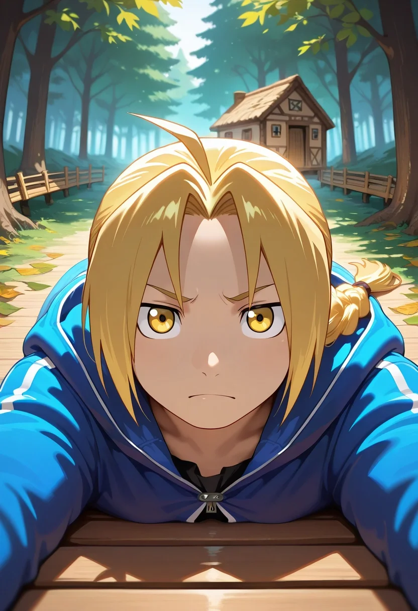 masterpiece, best quality, intricate details, semi-realistic, looking at viewer, 1boy, solo, male focus, <lora:edward_elric_ilxl:0.96>, edward_elric, blonde hair, yellow eyes, single braid, braided ponytail, , forest village, tree houses, leaf paths, wooden bridges, daily pose, content expression, morning, windbreaker,