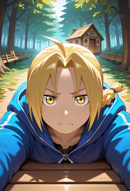 masterpiece, best quality, intricate details, semi-realistic, looking at viewer, 1boy, solo, male focus, <lora:edward_elric_ilxl:0.96>, edward_elric, blonde hair, yellow eyes, single braid, braided ponytail, , forest village, tree houses, leaf paths, wooden bridges, daily pose, content expression, morning, windbreaker,
