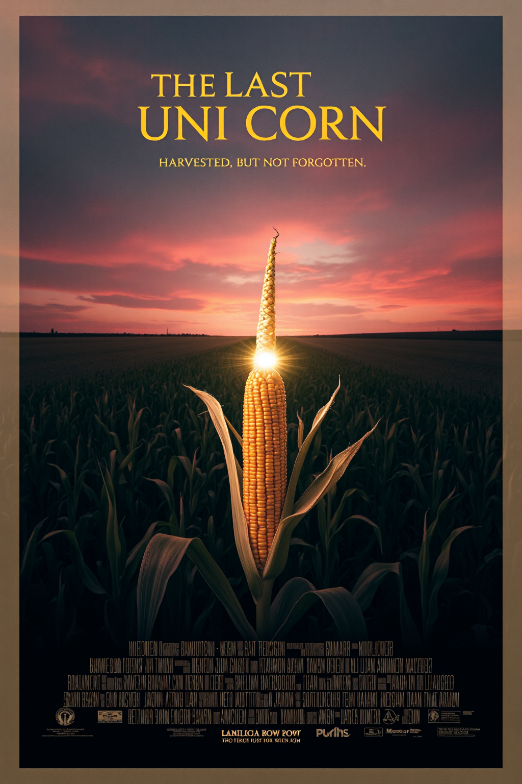 mvpstr. Epic Movie poster for "The Last Uni Corn," showing a single cob of corn standing tall in an open field at dusk, with a majestic, shining unicorn horn on top. The corn cob is given a heroic stance, as if it's the last of its kind, with a faint mystical glow around it. In the background, the harvested field stretches to a misty horizon under an intense sunset sky with a surreal pink and orange glow. The title, "The Last Uni Corn," appears in bold, epic-style fantasy font across the top, with the tagline "Harvested, but not forgotten." Elements of classic movie posters are playfully referenced, adding fantasy vibes and whimsical charm, rich colors, and film grain for a dramatic cinematic effect. <lora:schnell_v1.0:1.0> <lora:EpicMoviePoster-000015:1.0>
