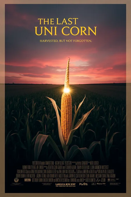 mvpstr. Epic Movie poster for "The Last Uni Corn," showing a single cob of corn standing tall in an open field at dusk, with a majestic, shining unicorn horn on top. The corn cob is given a heroic stance, as if it's the last of its kind, with a faint mystical glow around it. In the background, the harvested field stretches to a misty horizon under an intense sunset sky with a surreal pink and orange glow. The title, "The Last Uni Corn," appears in bold, epic-style fantasy font across the top, with the tagline "Harvested, but not forgotten." Elements of classic movie posters are playfully referenced, adding fantasy vibes and whimsical charm, rich colors, and film grain for a dramatic cinematic effect. <lora:schnell_v1.0:1.0> <lora:EpicMoviePoster-000015:1.0>