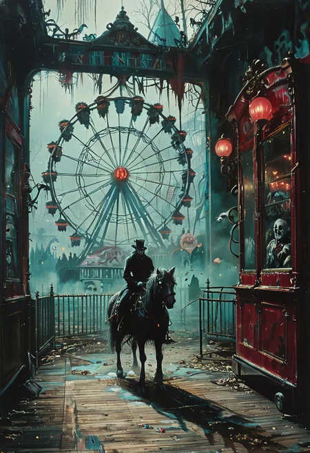 An eerie, abandoned carnival comes to life at midnight, with ghostly figures riding the decaying attractions. The ferris wheel creaks, and the carousel horses move on their own, illuminated by flickering, spectral lights. The atmosphere is thick with a sense of nostalgia and unease, as the ghosts of the past relive their final moments. ultra detailed, UHD, cinematic, spooky lighting, ghostly realism, hauntingly beautiful, <lora:The_Horror_Style:1>