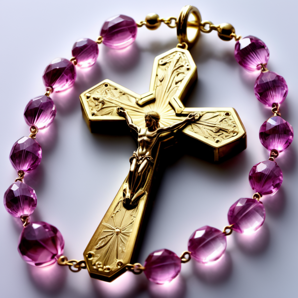 ((best quality)), ((masterpiece)), ((realistic,digital art)), (hyper detailed),Rosary, Eclipsing Slightly Included (SI1) Kunzite, Modified Brilliant Cut, Step Cut Facets, 7.00 Carat, Fascinating, Gleaming, Gold, Surface Hardness, Scratch Resistance, Irradiation, Hammered Setting, Estate, Unique, Nautical, Industrial, Memorial and Remembrance,8K, HDR, <lora:add-detail-xl:1.5>