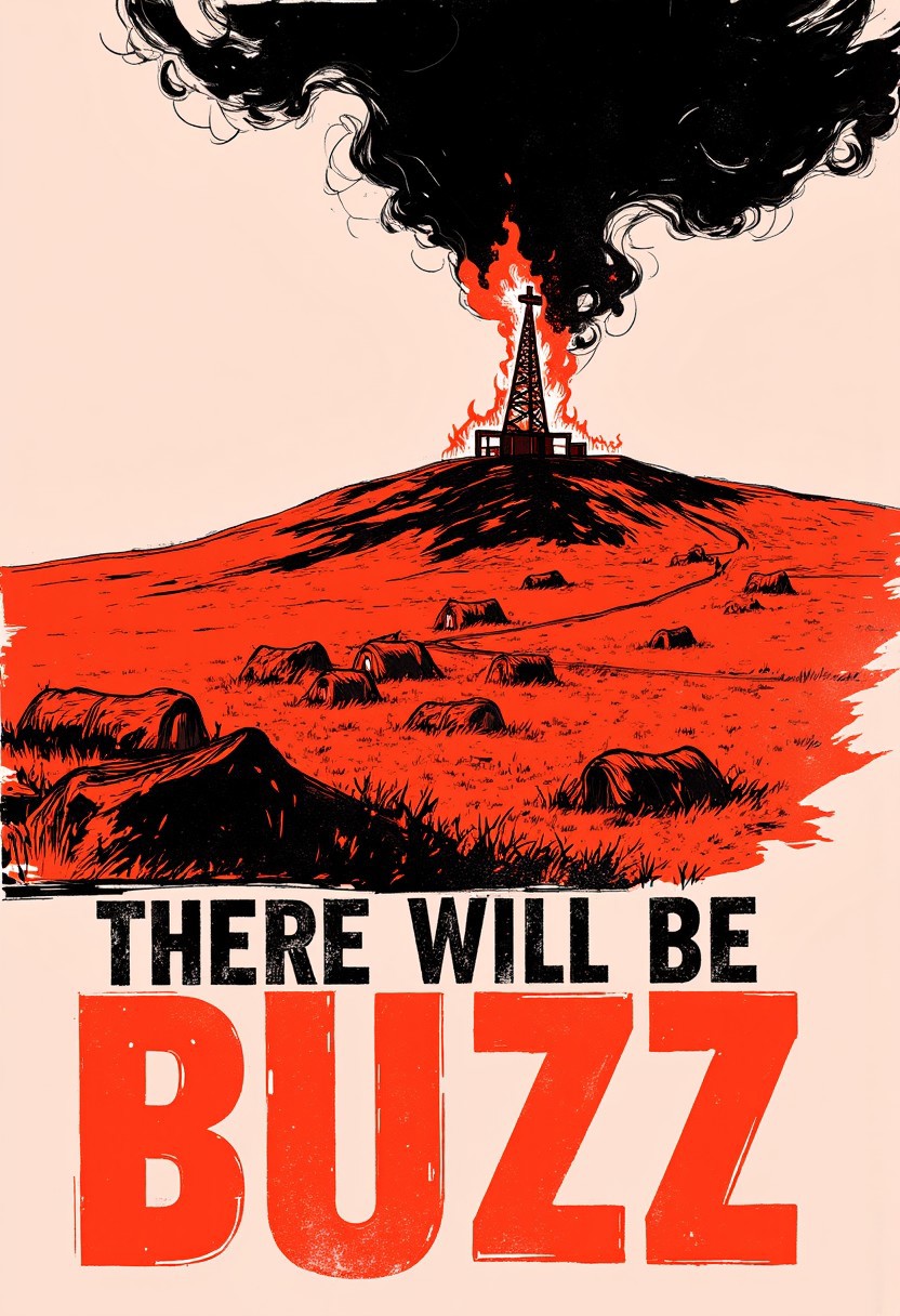 inksketch movie poster in red and black, for the film ‘There Will Be BUZZ’. An image of an oil derrick on fire circa 1911, on the crest of a hill, the way the light hits the flaming derrick gives it a crucifix-like appearance, a scattering of ramshackle tents along the field under the hill, canyon, thick black smoke billowing into the sky. Along the bottom of the image in the font from the original film display the text: “There Will Be Buzz”