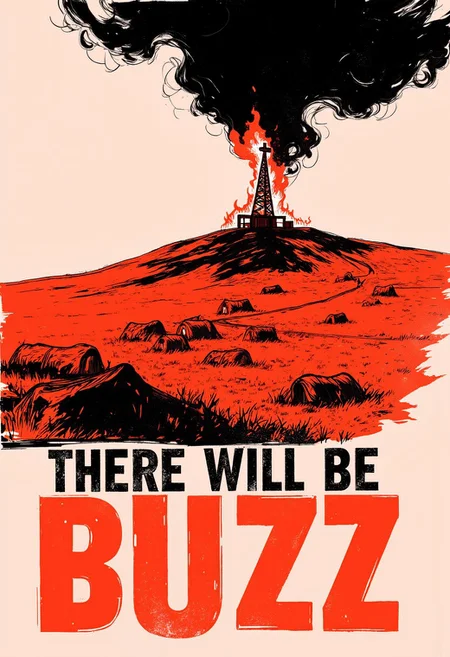 inksketch movie poster in red and black, for the film ‘There Will Be BUZZ’. An image of an oil derrick on fire circa 1911, on the crest of a hill, the way the light hits the flaming derrick gives it a crucifix-like appearance, a scattering of ramshackle tents along the field under the hill, canyon, thick black smoke billowing into the sky. Along the bottom of the image in the font from the original film display the text: “There Will Be Buzz”