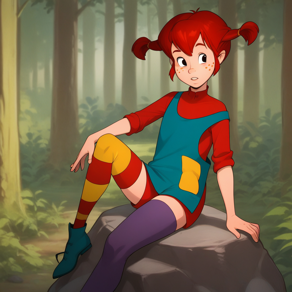 score_8_up, BREAK, Pippi, 1girl, solo, red hair, short twintails, black eyes, freckles,  red dress,  blue overalls, thighhighs, mismatched legwear, multicolored legwear, asymmetrical legwear, <lora:Pippi_Longstocking_PXL_Leaf2:0.9>, forest, blurry background,  sitting on rock,