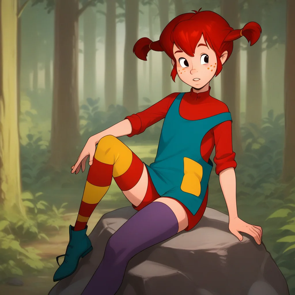 score_8_up, BREAK, Pippi, 1girl, solo, red hair, short twintails, black eyes, freckles, red dress, blue overalls, thighhighs, mismatched legwear, multicolored legwear, asymmetrical legwear, <lora:Pippi_Longstocking_PXL_Leaf2:0.9>, forest, blurry background, sitting on rock,