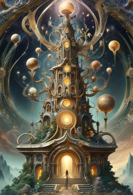 an intricate tower, biomorphic mythical serpent wrapped around tower, (negative space, layer, sigils). orbs and moons, holographic astral keys, tetrahedral trees, (three planes), stack, flower tiles, OverallDetail, DonMX3n0T3chXL