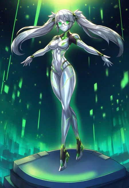 score_9, score_8_up, score_7_up, score_6_up, score_5_up, score_4_up, 2D, ibenz,
BREAK
1girl, liquid mercury, solo, ((((at full height)))),
silver body, medium hair, silver hair, twintails, green lines, green eyes, glowing eyes, round eyeglasses,
slender, lean, medium breasts, toned legs,
focused, smiling, calm,
cyberspace, black background, green energy lines, green code, detailed background,