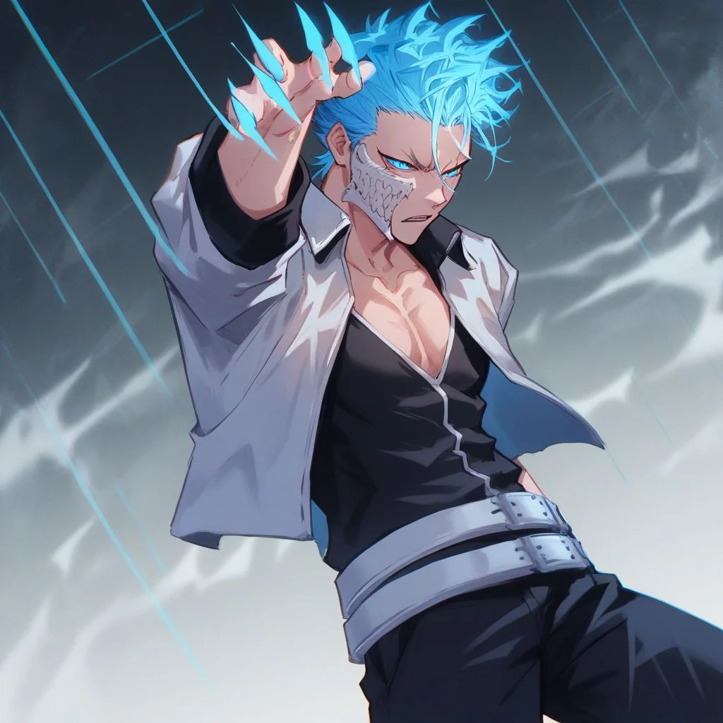 Grimmjow, blue hair, glowing eyes, blue eyes, white crop jacket, black shirt, glowing claws, black pants, white belt, score_9, score_8_up, score_7_up, source_anime, expressive face, speedlines, dynamic movements, ultra-detailed,highres,8k,perfect body,intricate details,depth of field, blue energy, tense atmosphere, jaguar