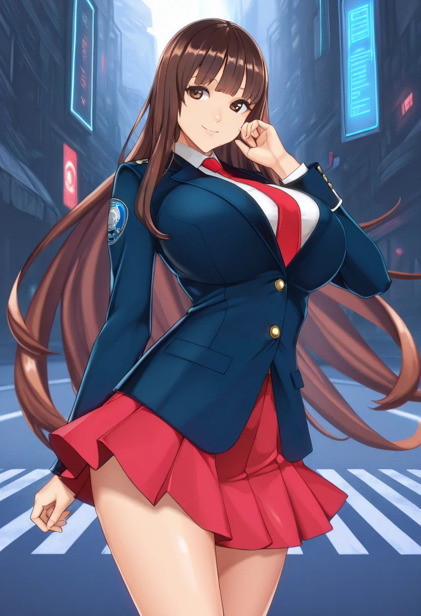 masterpiece, best quality, ultra detailed, solo, 1girl, long hair, brown hair, brown eyes, smile, n.n, extremely long hair, bangs, large breasts, uniform, blue blazer, red necktie, white shirt, hand up, red pleated skirt, cowboy shot, futuristic street, k4m1ch1ch1, <lora:KAMICHICHI_Style_IL:1>