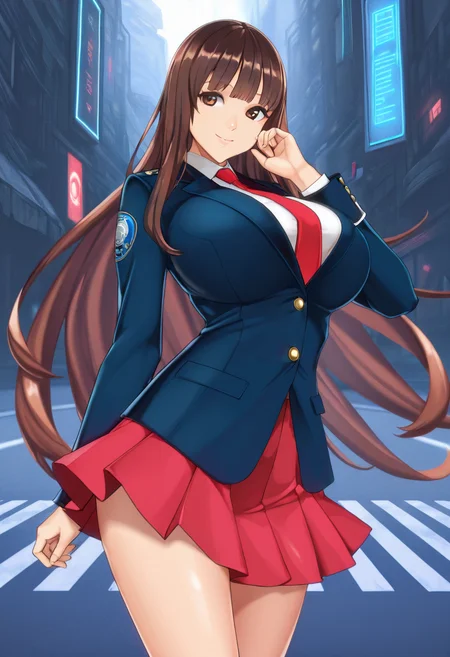 masterpiece, best quality, ultra detailed, solo, 1girl, long hair, brown hair, brown eyes, smile, n.n, extremely long hair, bangs, large breasts, uniform, blue blazer, red necktie, white shirt, hand up, red pleated skirt, cowboy shot, futuristic street, k4m1ch1ch1,   <lora:KAMICHICHI_Style_IL:1>