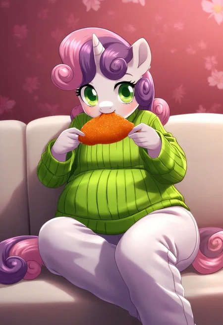 ,score_9, score_8_up, score_7_up, score_6_up, score_5_up, score_4_up, rating_explicit, source_furry, female, cute anthro female, cute face, detailed background, looking at viewer, solo, solo focus, (digital pen line-art, soft lines, soft shading, pinup, cartoon, (anime:1.2), p5style, cel shaded, Sweetie_Belle_(mlp), sitting on the couch, eating junk food, sweater, sweatpants, obese