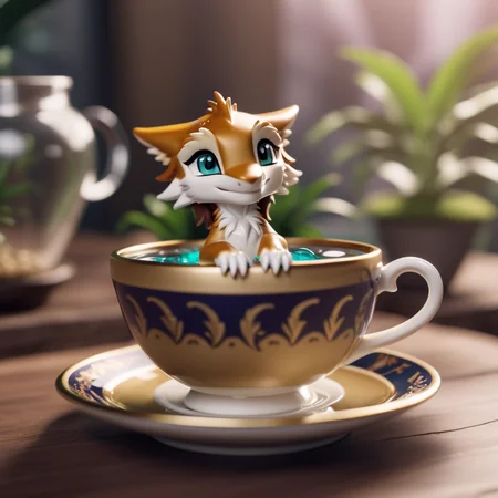 cinematic photo a chibi sergal bathing in a teacup<lora:Sergal-XL-1.0-000014:1> . 35mm photograph, film, bokeh, professional, 4k, highly detailed
