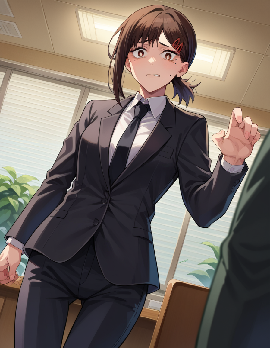score_9, score_8_up, score_7_up, source_anime,
kobeni-higashiyama, <lora:kobeni-higashiyama-ponyxl-lora-nochekaiser:1>,
kobeni higashiyama, black hair, hair ornament, hairclip, mole, mole under eye, ponytail, short hair, brown eyes,
black necktie, black pants, business suit, formal, long sleeves, necktie, pants, suit,
indoors, office,
looking at viewer, cowboy shot, dutch angle, dynamic pose,