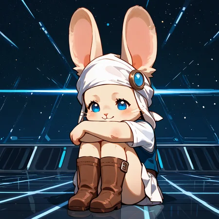 <lora:Final_Fantasy_-_Loporrit:1> loporrit, lagomorph, hugging own legs, white turban, blue vest, white shirt, short white skirt, brown boots, tiled floor, blue background, spaceship background, (chibi:0.8), cute, (chubby cheeks:0.5), <lora:StS_PonyXL_Detail_Slider_v1.4_iteration_3:4>, score_9, score_8_up, score_7_up, source_furry