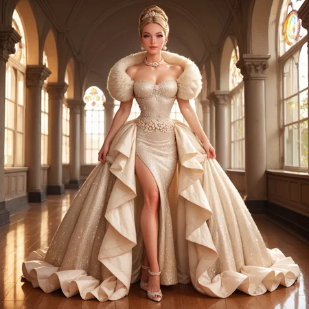 Fairy tale score_9, score_8_up, score_7_up, score_6_up, adult beautiful woman, solo, indoors, standing,<lora:WMG3-69-PDXL:0.8>, pose, haute couture dress, (looking at viewer), full body, neckline, naughty_face expression, pearl choker, sparke, dr3ss, . Magical, fantastical, enchanting, storybook style, highly detailed