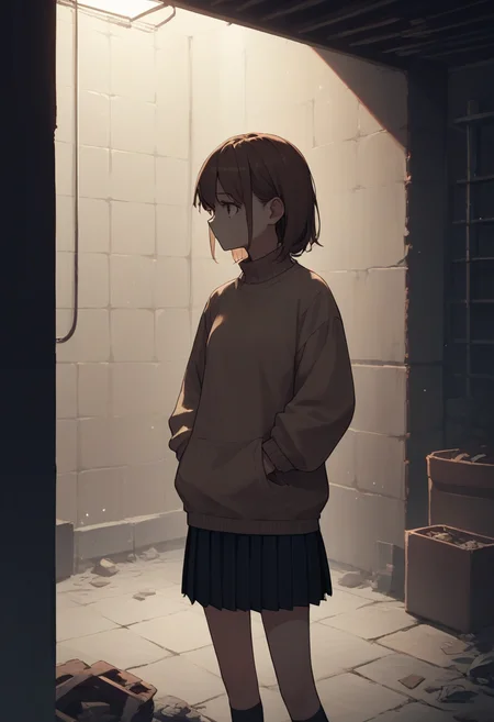 score_9, score_8_up, score_7_up, score_6_up, source_anime, 1girl, basement, dimly lit, dark, rimlight,
brown hair, pleated skirt, sweater,
cowboy shot,
<lora:basement_v0.2-pony:1>
