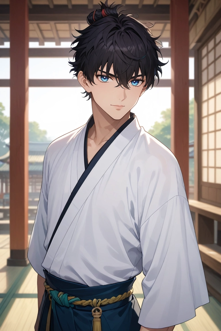 score_9, score_8_up, score_7_up, , rating_safe, , semi-realistic, looking at viewer, depth of field, 1boy, solo, male focus, <lora:miyamoto_iori_pony:0.76>, miyamoto_iori, black hair, blue eyes, short hair, bangs, hair between eyes, topknot, , profile, dojo, noon, jojo pose, seductive smile, , <lora:sdxl_lightning_8step_lora:1>